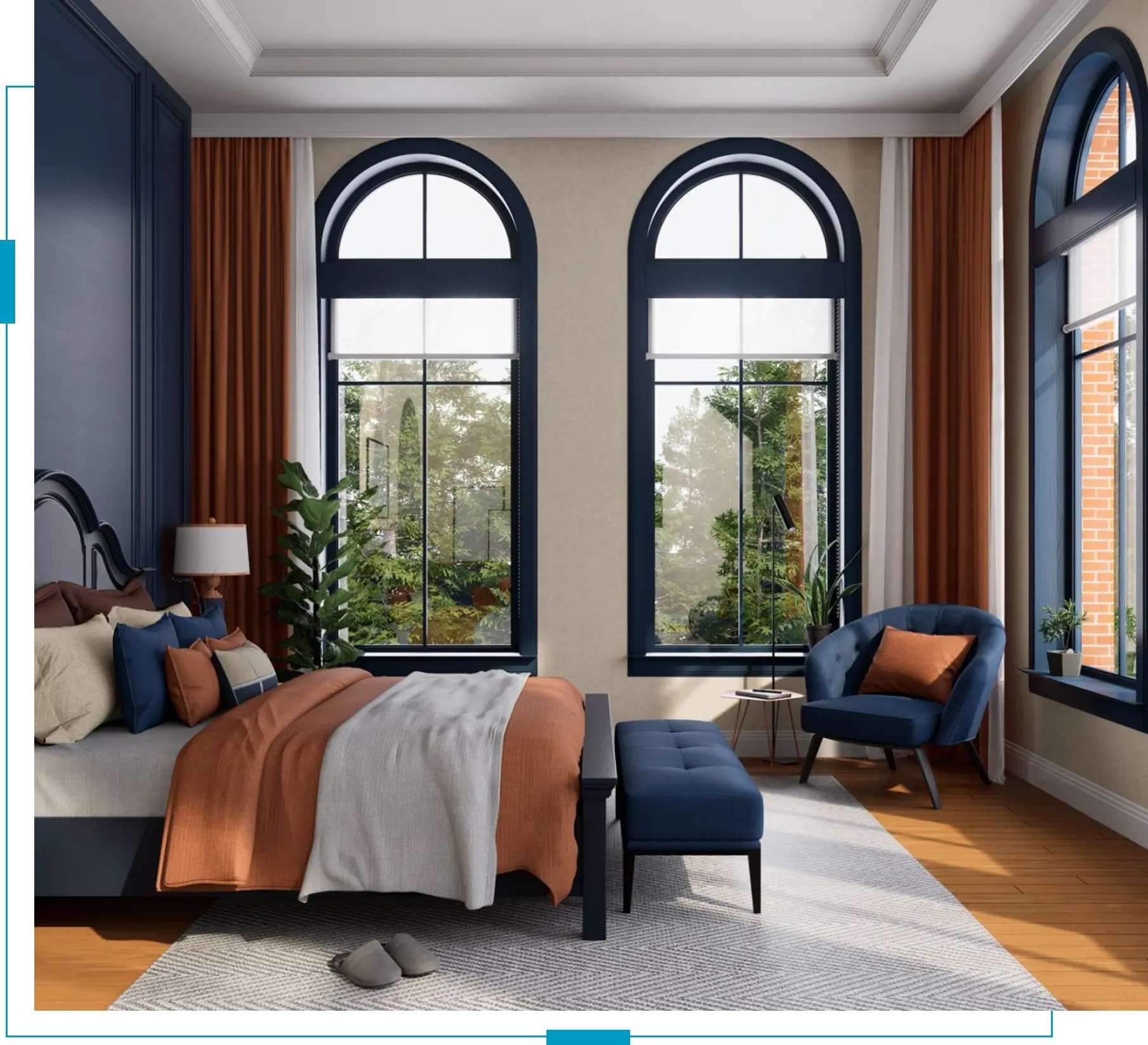 Elegant bedroom with large arched windows.