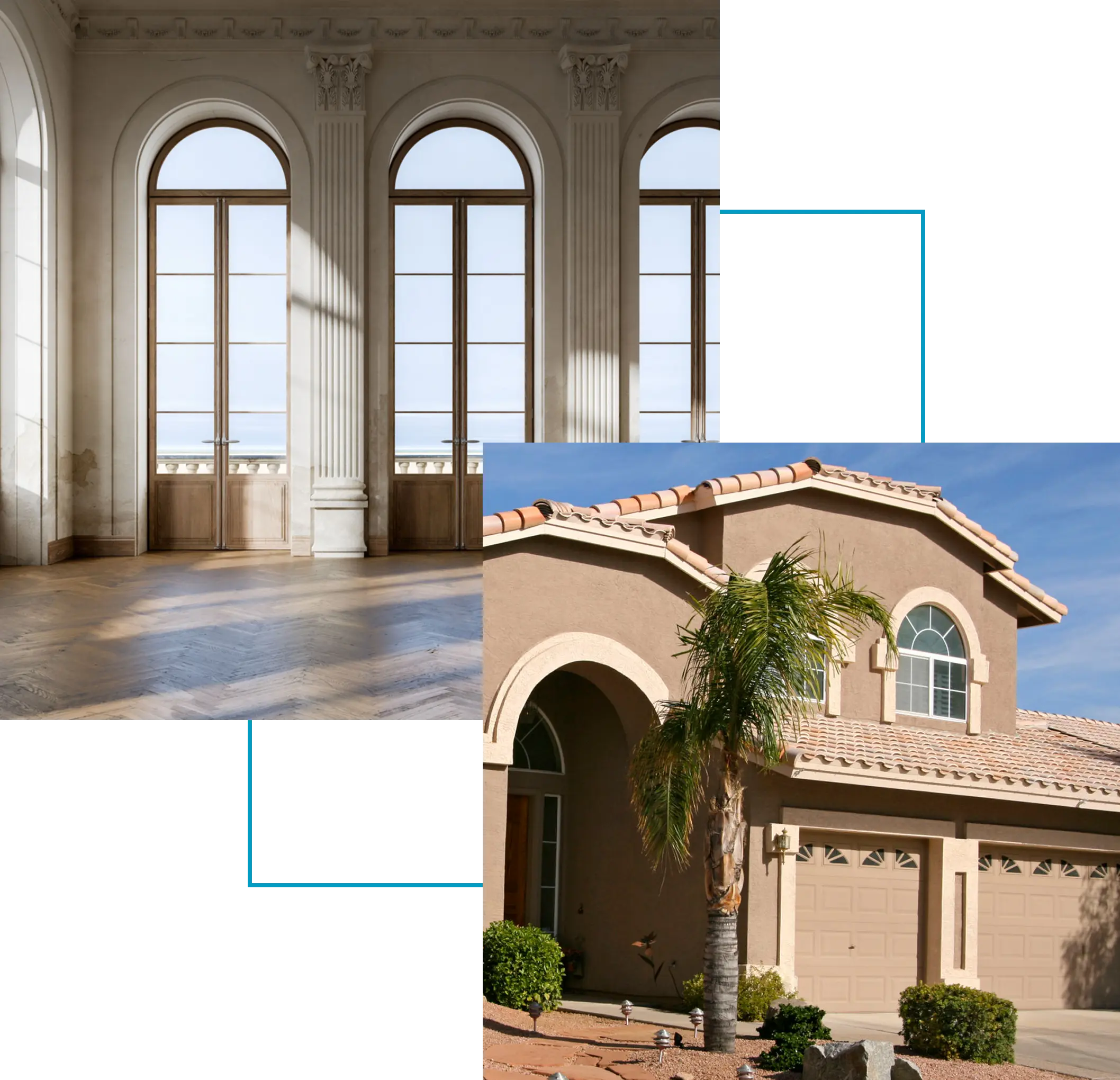 Elegant interior and suburban house exterior.